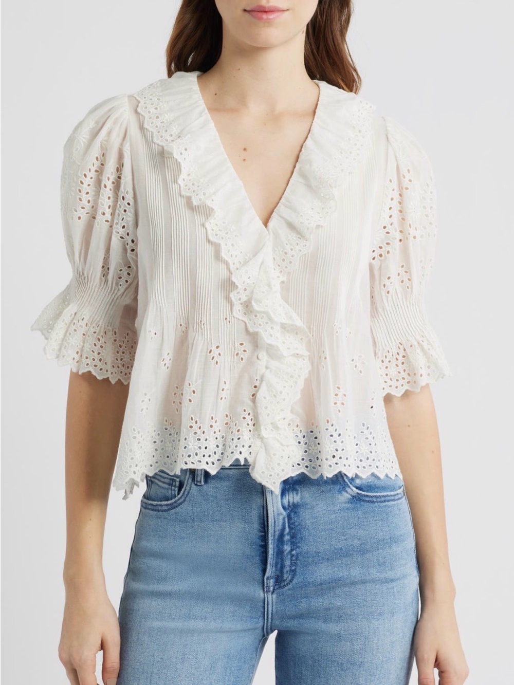 Doen Henri salt White Eyelet Ruffled V-Neck Cotton Blouse shirt voile top M - Picture 2 of 6
